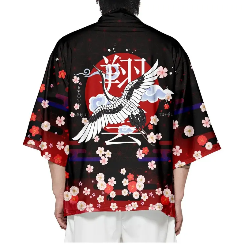 Kimono estampado de flores de grulla para hombre y mujer, camisa Haori, ropa tradicional de moda, cárdigan de playa de verano, Tops de gran tamaño