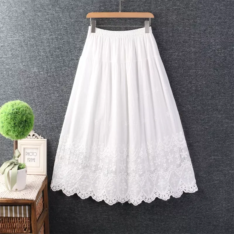 Japan Style Mori Girl Hollow Out Sweet Lace Embroidery Skirt Women Spring Autumn Elastic Waist Cotton and Linen A-line Skirt
