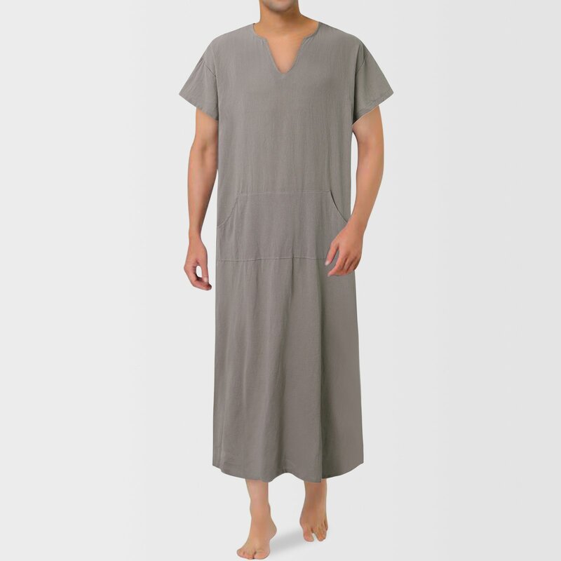 Robes caftan islamiques pour hommes, col en V, manches courtes, coton uni, lin, Thobe Jubba, mode décontractée, Dubaï, Arabie saoudite