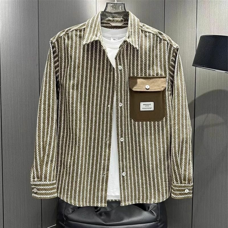 New men's striped color blocking trend in spring autumn versatile casual jacket fashionable long sleeved versatile lapel shirt