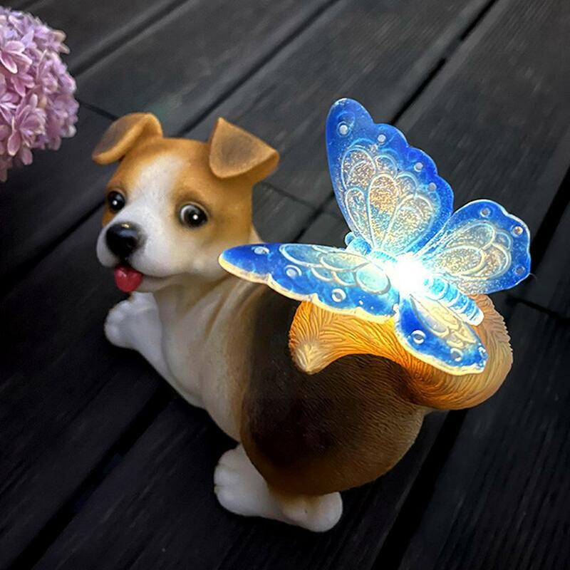 Resin Unique Solar-Powered Rabbit Puppy Statue with LED Light Waterproof Butterfly Puppy Figurine Non-Fading for Household H1E1
