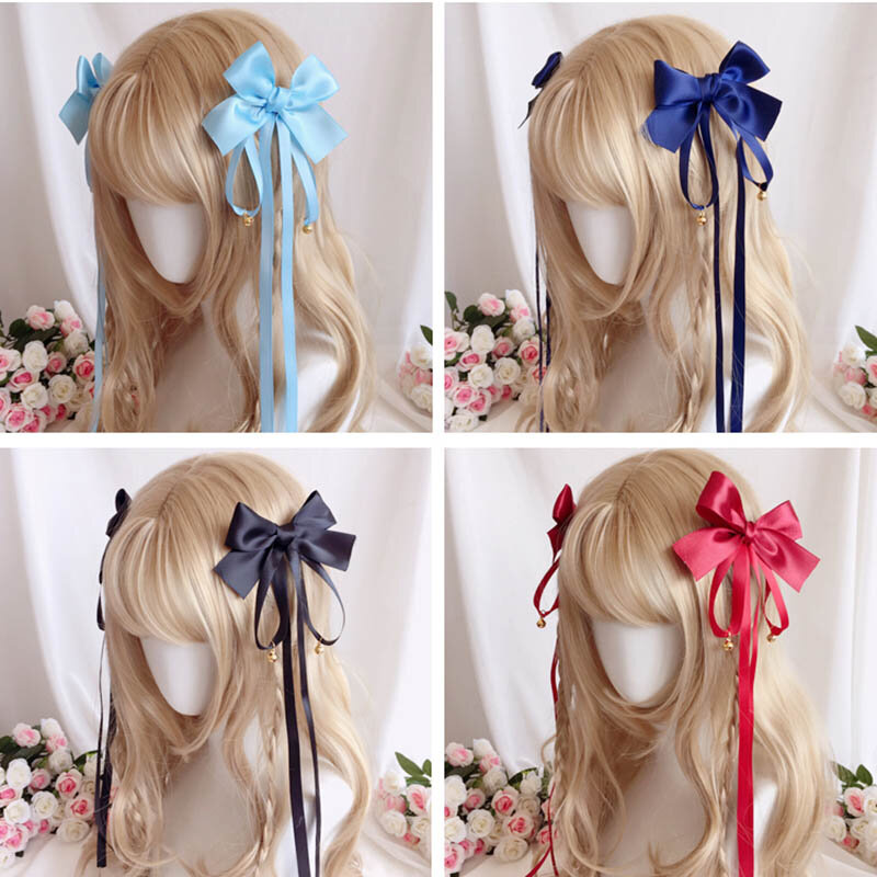 Lolita Long Ribbon Hair Accessories, Arco e Bell Hairpin, Doce e Adorável, cocar, Cosplay, Anime