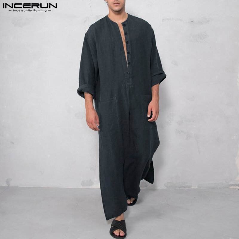 INCERUN-Sólido V Neck manga comprida de algodão Thobe para homens, Caftan árabe islâmico, Vestes Vintage, Casual Abaya, S-5XL, 2023