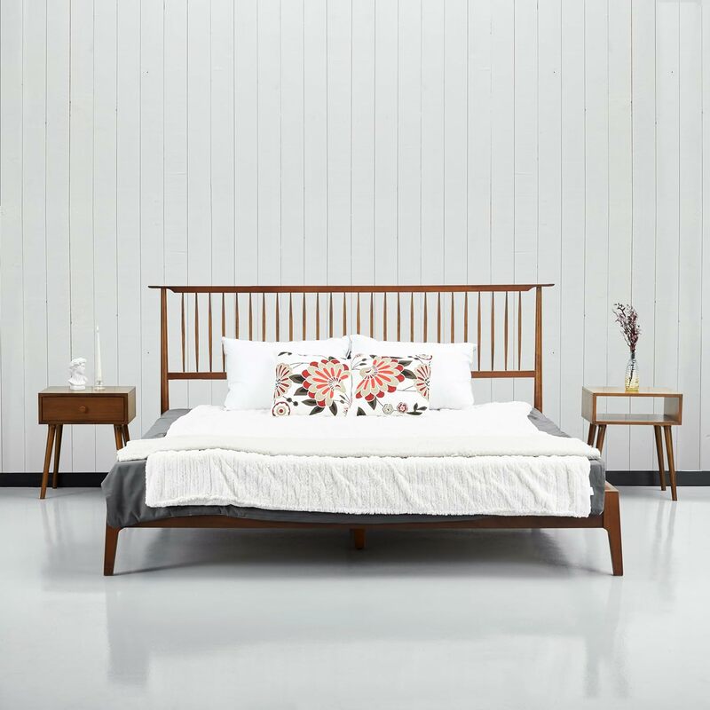 NTC Rubi rangka tempat tidur kayu dengan sandaran kepala, dibuat dari kenari, kayu karet dengan bilah sunyi dan penyangga tengah kayu,