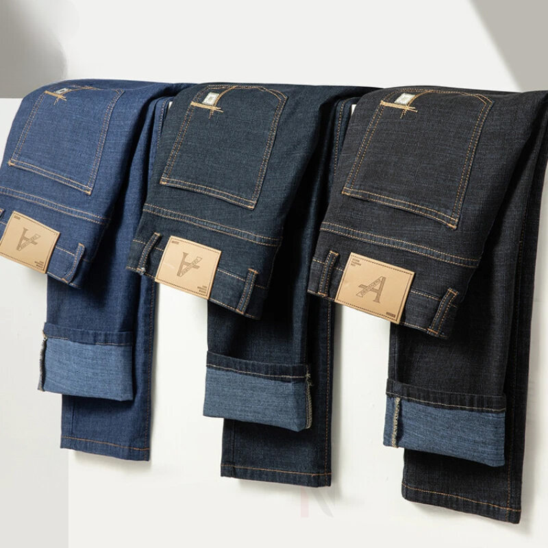 กางเกงลำลองธุรกิจสำหรับผู้ชายกางเกงยีนส์สีทึบลำลองสีน้ำเงินยืด Trousers.2024คอลเลคชั่นฤดูใบไม้ผลิ/ฤดูร้อนไซส์ใหญ่พิเศษ29-40