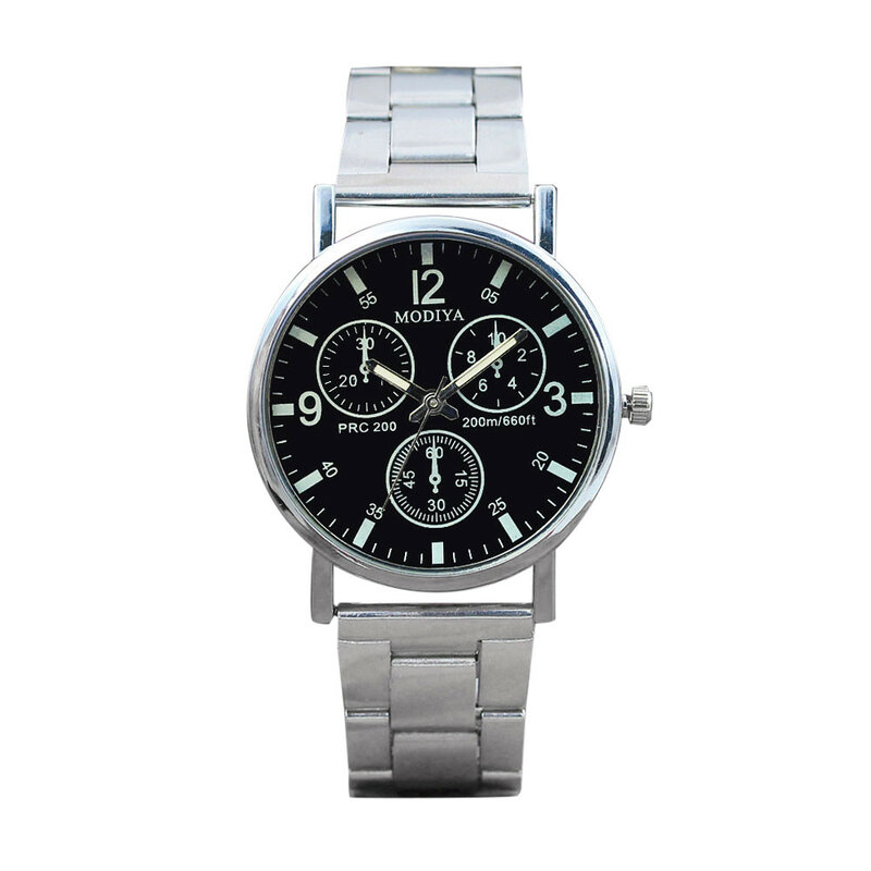 Moda Black Face Steel Watch para homens, sem brilho azul, Glow Glow Glass, Black Noodles