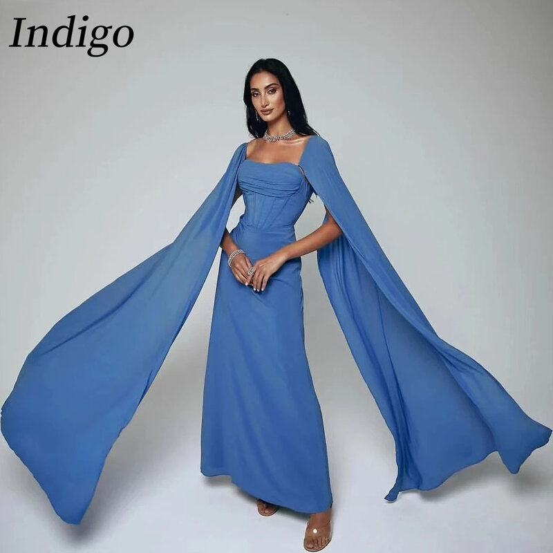 Indigo-Vestidos de Noche de manga larga para mujer, vestido clásico de Arabia Saudita, falda Simple para fiesta, 2024
