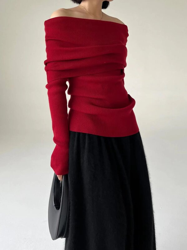 Spring Autumn Off Shoulder Women Sweaters Elegant Vintage Knitted Solid Jumper High Stretch Top  C-038