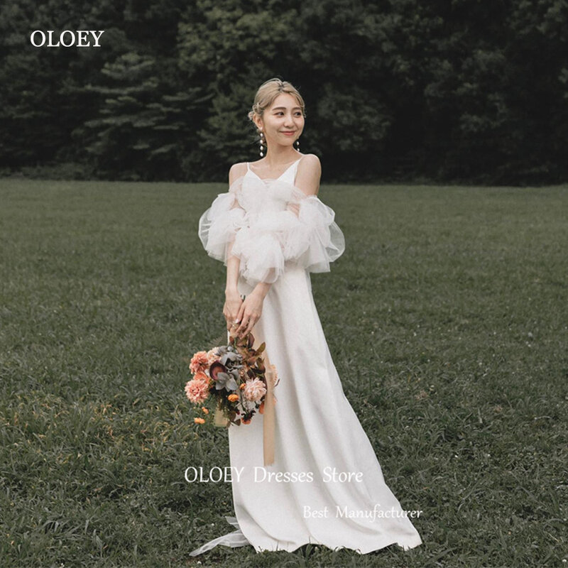 Oloey ชุดเดรสแต่งงานผ้าไหมซาตินเกาหลีแขนยาวผ้าสปาเก็ตตี้หรูหรา