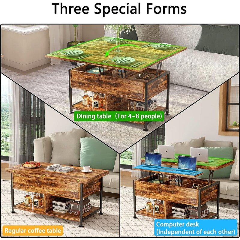 Table basse moderne multifonctionnelle avec compartiment GNE, table à manger avec élévateur, 4 en 1