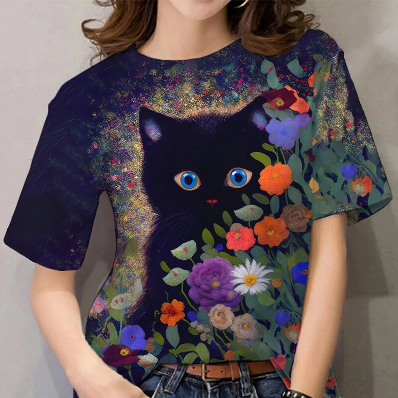 Camisetas informales de verano para mujer, ropa con estampado de gato y Animal 3D, cuello redondo, manga corta, Tops de gran tamaño