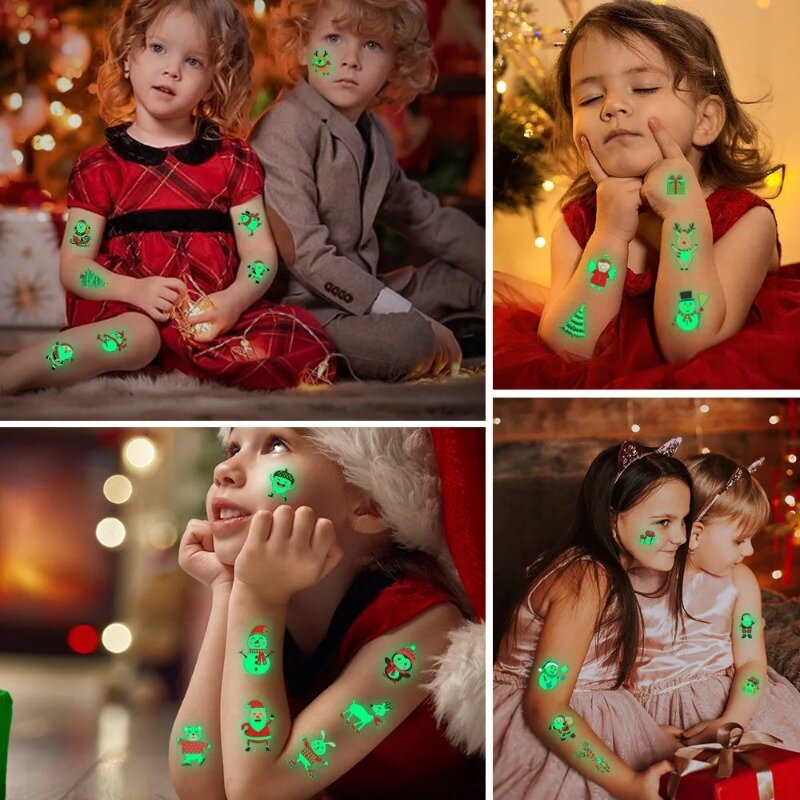 Nuovi adesivi per tatuaggi luminosi lucidi natalizi da 10 pezzi Glow In The Dark adesivi per tatuaggi impermeabili temporanei per bambini regali per bambini