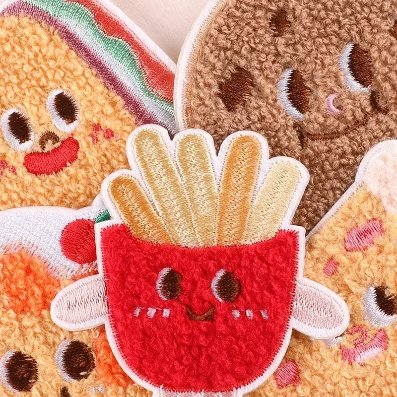 Hot Selling Towel Embroidery Patches DIY Biscuits Pizza French Fries Stickers Self-Adhesive Badges Cloth Bag Fabric Accessories