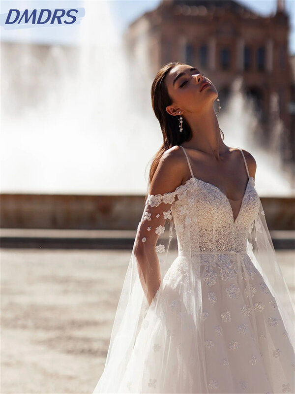 セクシーなスパゲッティストラップブライダルドレス、シンプルなチュールウェディングドレス、ロマンチックなフレアの床の長さのドレス、2024