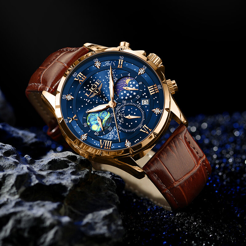 Часы наручные LIGE Мужские кварцевые, повседневные спортивные роскошные водонепроницаемые светящиеся с хронографом и датой, с кожаным ремешком