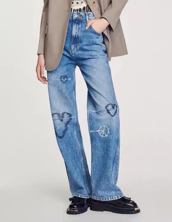 Jeans feminino bordado com padrão de coração, calça jeans casual com tudo a combinar, novo, primavera, verão, 2024