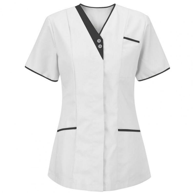 Atasan seragam perawat wanita, baju atasan tunik pekerja, pakaian kerja, seragam perawat medis, overall saku, lengan pendek