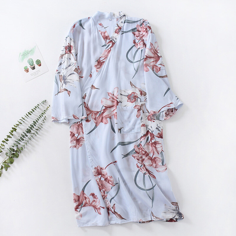 Pyjama Kimono Japonais Fin à Lacets pour Femme, Cardigan à Col en V, Vêtements de Maison Imprimés, Chemise de Nuit à Manches Trois-Quarts, Printemps et Été