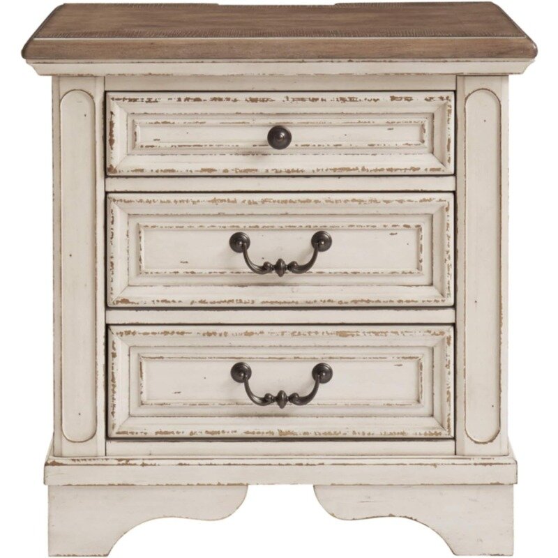 Design by Ashley Realyn French Country 3 Drawer Nightstand with Electrical Outlets & USB Ports, Chipped White
