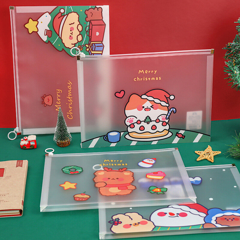 Merry Christmas Cartoon File Folder, High Capacity, Waterproof, Transparent Visual File Organizer, Cute Cat, Dog, Snowman