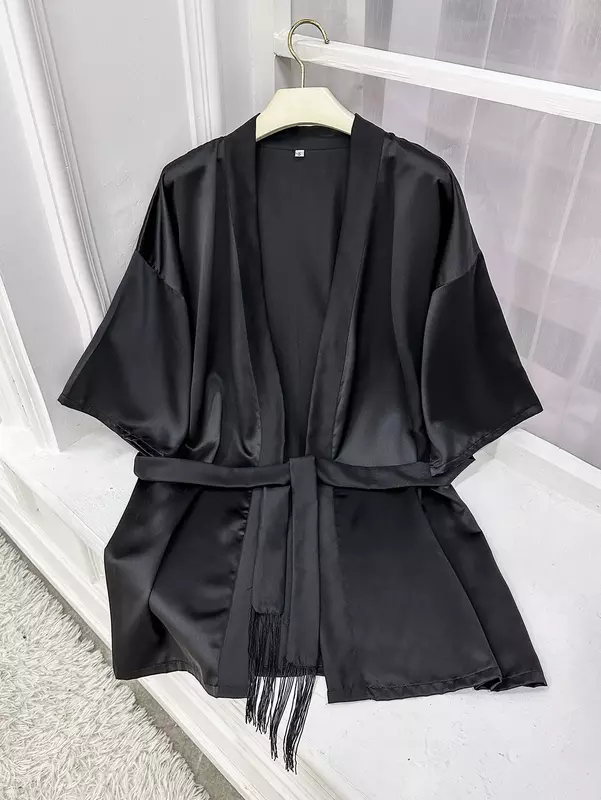 여성용 블랙 실크 중간 소매 잠옷, 짧은 카디건, 레이스업 목욕 가운, 얇은 섹시 잠옷, 여름