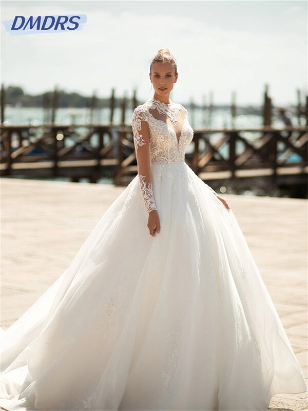 Urocza suknia ślubna z długim rękawem 2024 elegancka suknia ślubna z aplikacjami klasyczna sukienka o długości podłogi w linii Vestidos De Novia