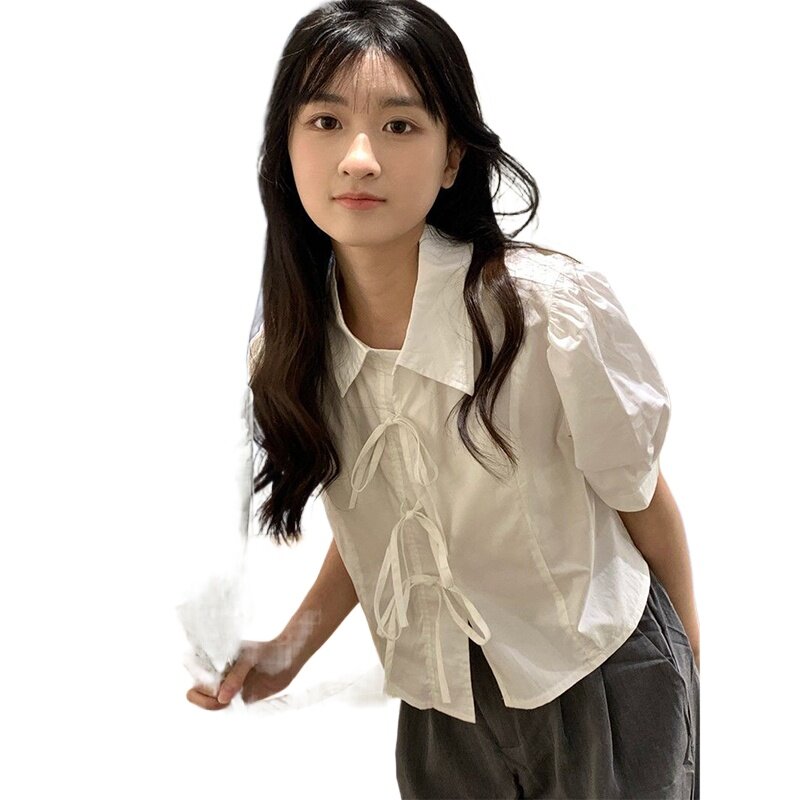 Lace-up Shirts and Blouses for Women Fashion Short Sleeve Top 2000s Y2k Shirts Korean Style Elegant and Youth Blouses 2024 New