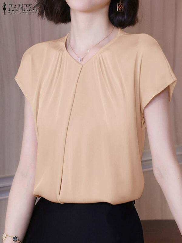 Повседневная женская летняя блузка ZANZEA OL с V-образным вырезом и коротким рукавом, атласная рубашка 2024, модные однотонные женские блузы, топы, туника, оверсайз