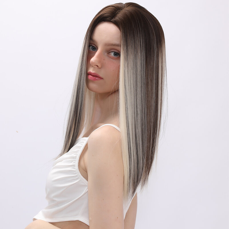 Ciemnobrązowe włókno syntetyczne podkreśla proste włosy dla kobiet środkowa część włosów peruka Cosplay naturalny codzienny peruka termoodporna imprezowy
