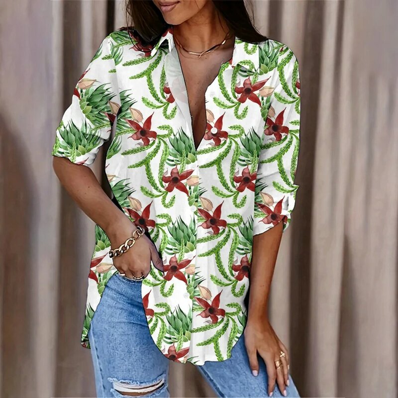 Camisa feminina botânica com estampa floral manga longa, tops elegantes, roupa de botão único, casual