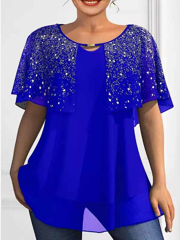 Camiseta de talla grande para mujer, rebeca con estampado de bronce brillante de gasa, Top corto informal holgado de doble capa para verano, XL-6XL