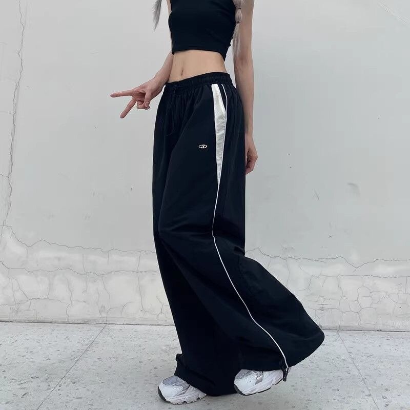 Calça casual de hip-hop de rua alta feminina, calça de moletom reta larga larga de cintura alta, feminina versátil