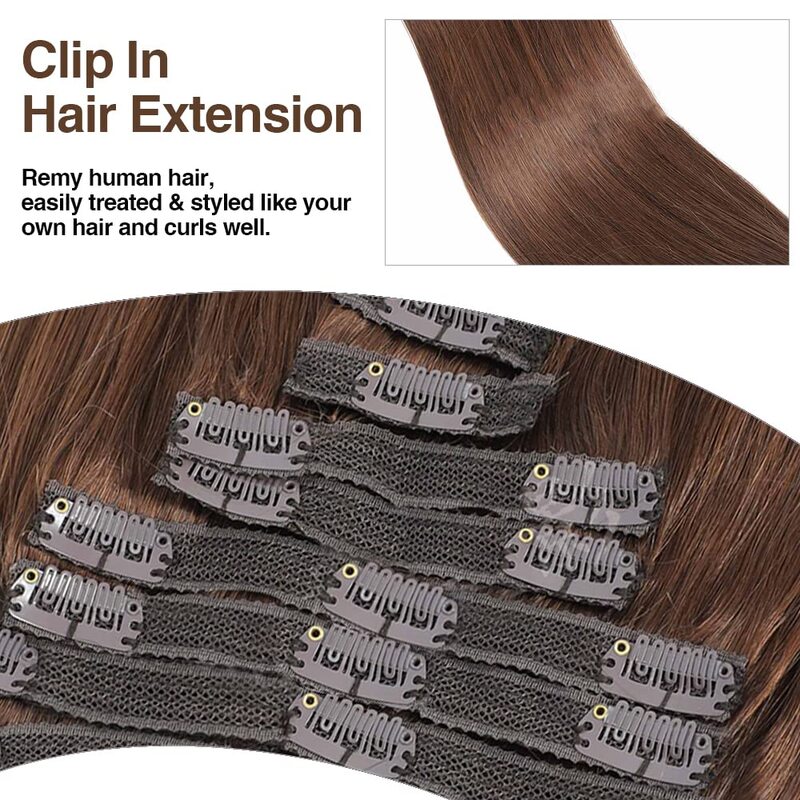 Extensions de cheveux à clipser pour femmes, vrais cheveux humains, couleur #4, brun chocolat, 8 pièces