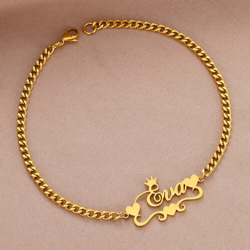 Kustom mahkota Hati nama gelang kaki wanita gadis trendi perhiasan baja nirkarat warna emas papan nama gelang kaki hadiah untuk dia