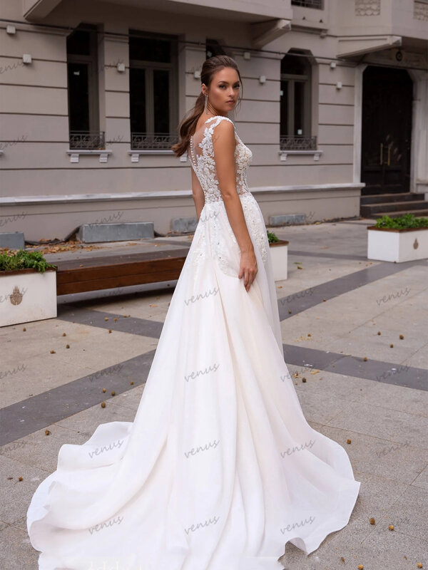 Gaun pernikahan Vintage gaun pengantin anggun applique renda jubah tanpa lengan A-Line untuk pesta Formal elegan Vestidos De Novia