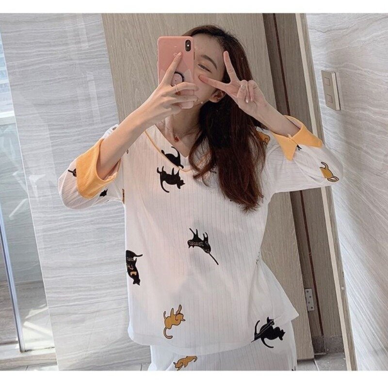 Nachtwäsche Frauen Kawaii Kleidung Herbst Pyjama Sets Langarm Nachthemden Pullover Homewear Sets Stickerei koreanische Nachtwäsche