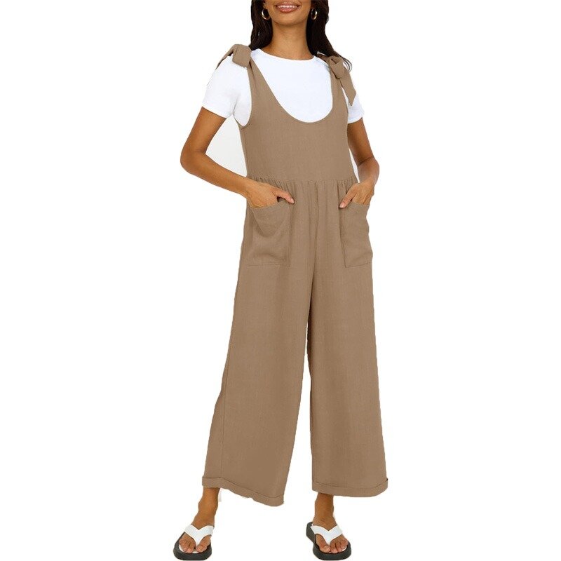 2024 Summer New Women's Solid Color Pocket Lace-up Wide-leg Jumpsuit Big U-neck Pants