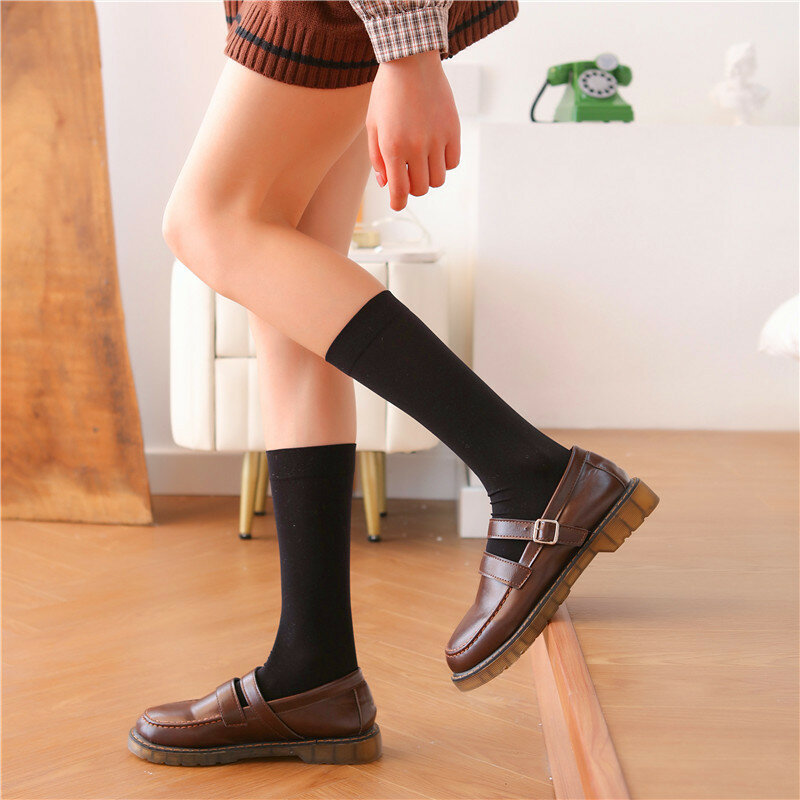 여성용 무릎 길이 스타킹, 얇은 실크 스타킹, 흑백 JK 벨벳, 중간 튜브, 학생 종아리 양말, 반 길이 양말