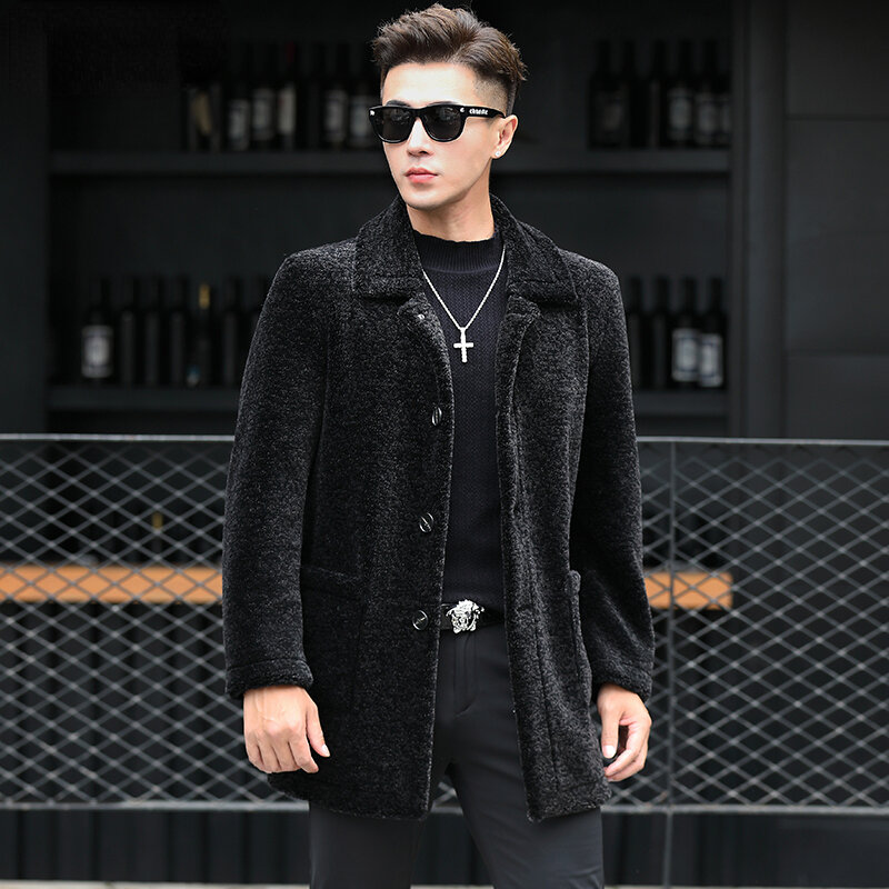 신제품 남성용 패션 정품 양털 재킷 U52, 긴 단색 아우터 웨어, 진짜 양모 모피 따뜻한 코트, 2023 가을 겨울