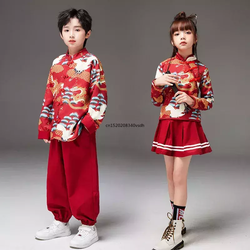 Chłopiec Starożytny Kostium Tang Strój sceniczny Czerwony Zestaw ubrań z nadrukiem w stylu chińskim Dziewczyna Hanfu Spódnica Chiński strój na występy