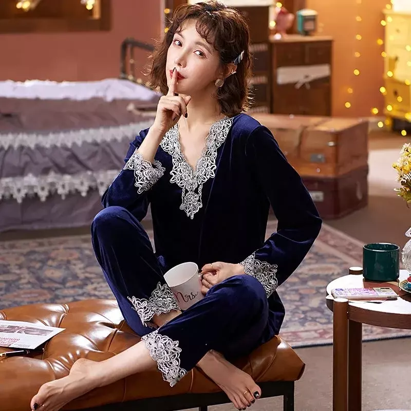 Piyama bergaya Korea 6911-13 wanita, piyama lengan panjang tiga musim beludru emas dapat dipakai di luar ukuran plus layanan rumah