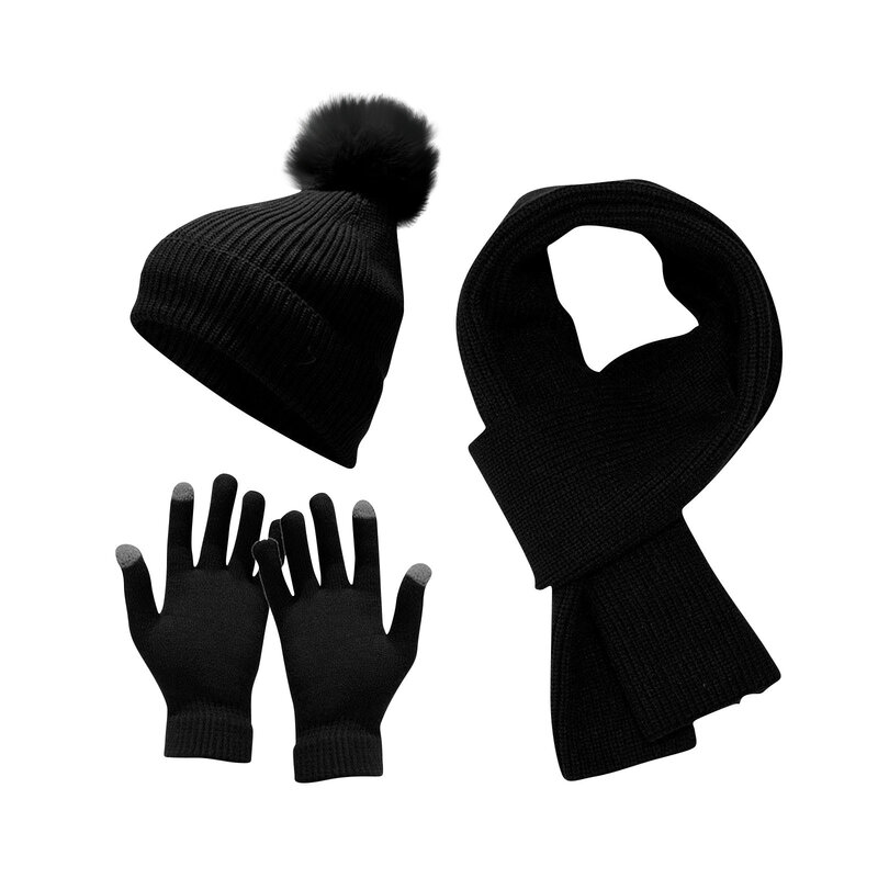 Fashion Knitted Hat Scarf Gloves Three-Piece Autumn And Winter Warm Three-Piece Set Cold-Proof Gloves Long Scarf Plus Velvet cap