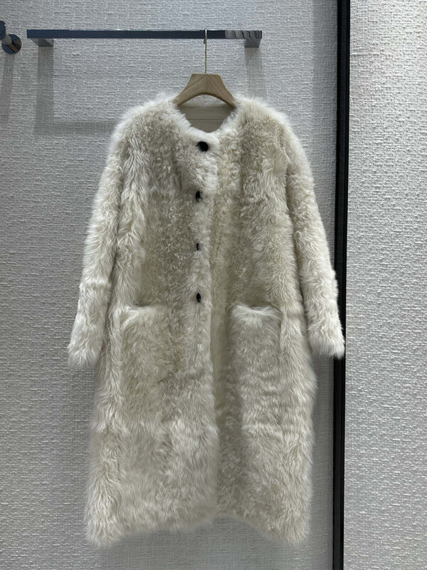 Abrigo largo de piel con cuello redondo, abrigo holgado con diseño de botonadura única, cálido y cómodo, novedad de invierno 2023, 1220