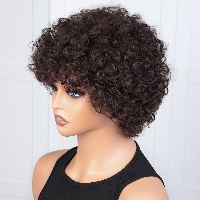 Wig keriting keriting keriting Afro dengan kepadatan 180% dengan poni halus rambut manusia Remy mesin penuh wig dibuat tanpa lem pendek Afro wig keriting
