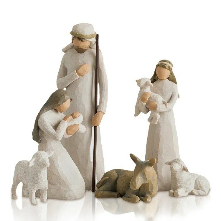6pcs/set Resin Mini Nativity Scene Stable Figurine Statues Jesus Mary Joseph Catholic Miniatures Church Home Decor Ornament Gift