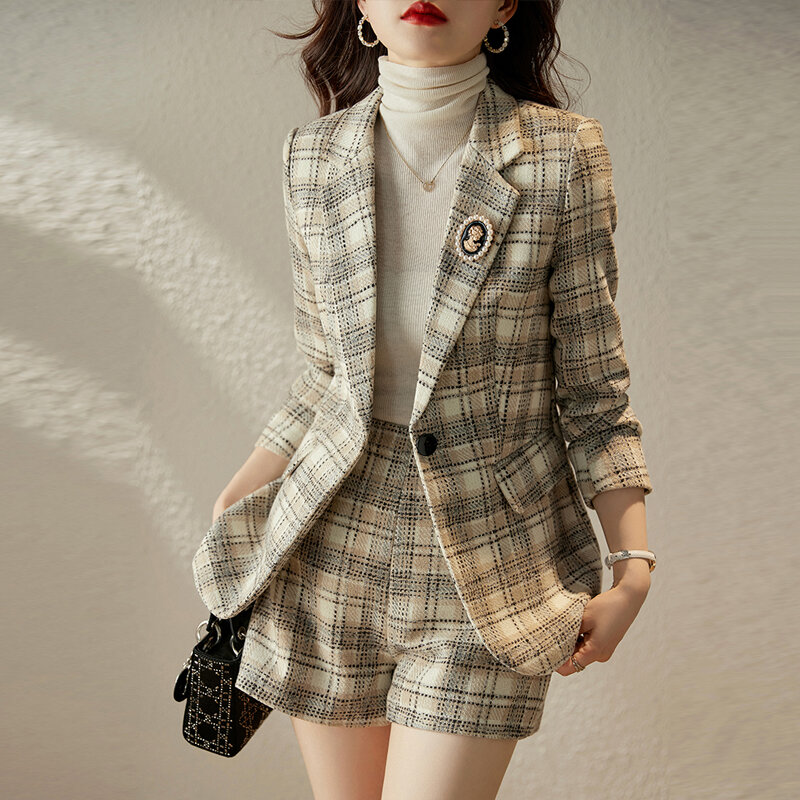 2023 Lente Pak Elegante Single Breasted Slanke Print Casual Blazer Jassen En Shorts Set Koreaanse Femme 2-delige Sets Vrouwen Outfits