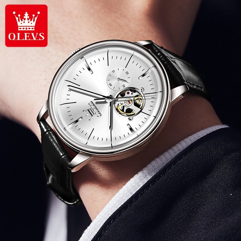 OLEVS jam tangan mekanis otomatis, tali kulit untuk pria, jam tangan santai klasik kronograf baja tahan karat berongga