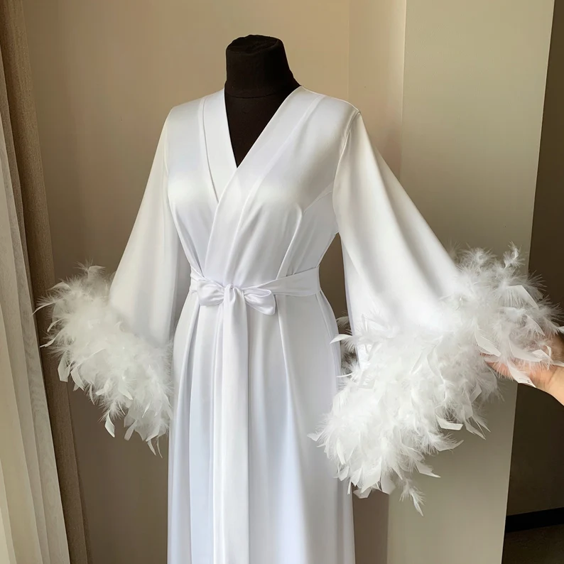 Белый будуарный Свадебный длинный халат макси в пол халаты длинный халат с перьями Пятнистое шелковое нижнее белье для невесты женское платье