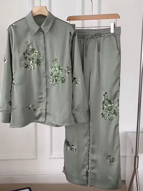 Camisa de lantejoulas e calças compridas para mulheres, blusa de mangas compridas, cintura elástica, lapela chique, moda casual, elegantes ternos femininos, primavera