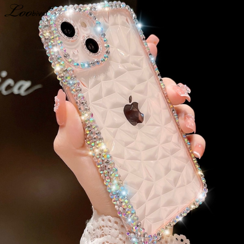 Capa de silicone de luxo Diamond Glitter para iPhone, 13, 12, 11, 14, 15 Pro Max, X, Xr, Xs, 8, 7 Plus, Bling, transparente, à prova de choque, macia